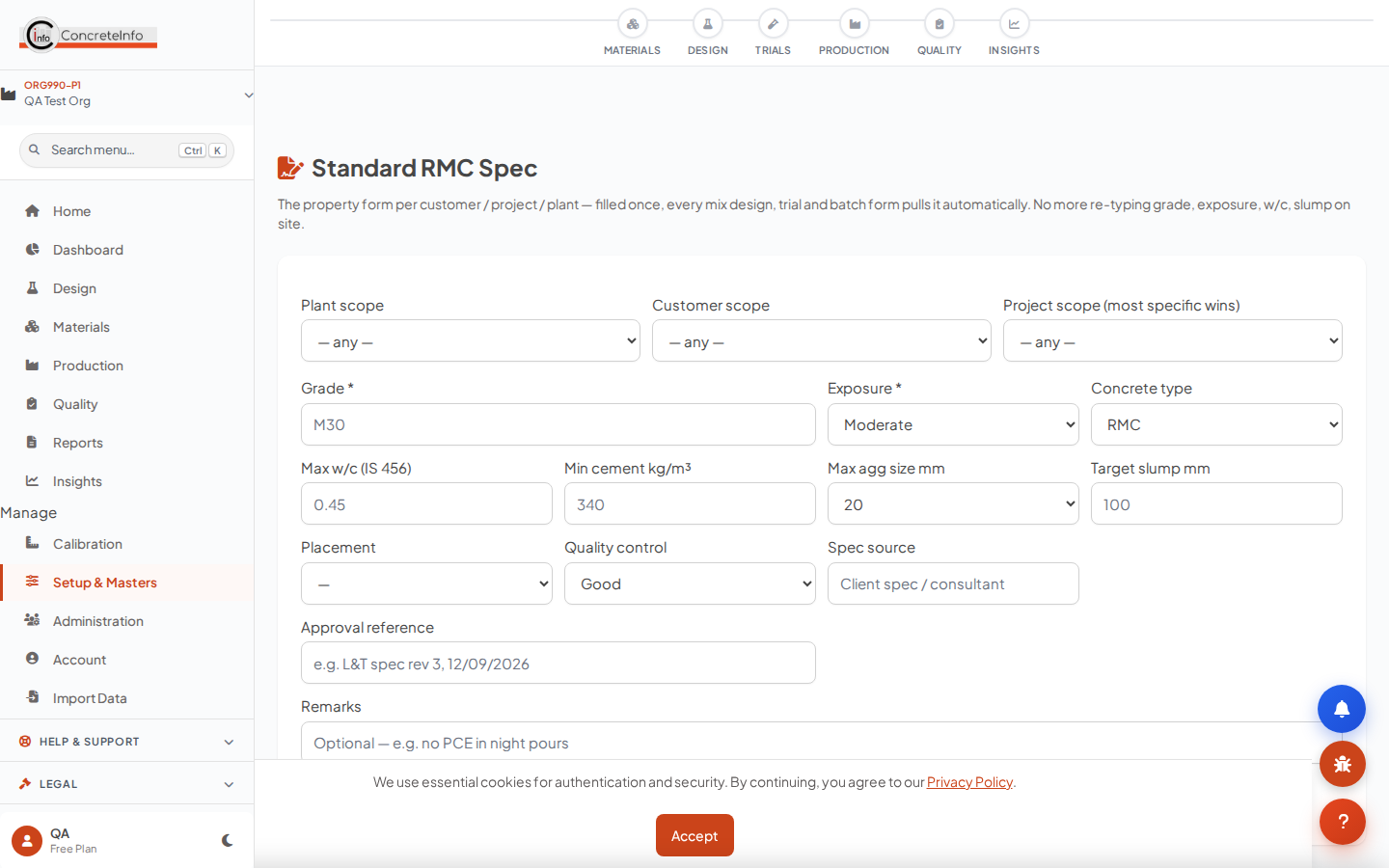 RMC Spec: scope (project > customer > plant), IS 456 one-tap fill, saved specs list.