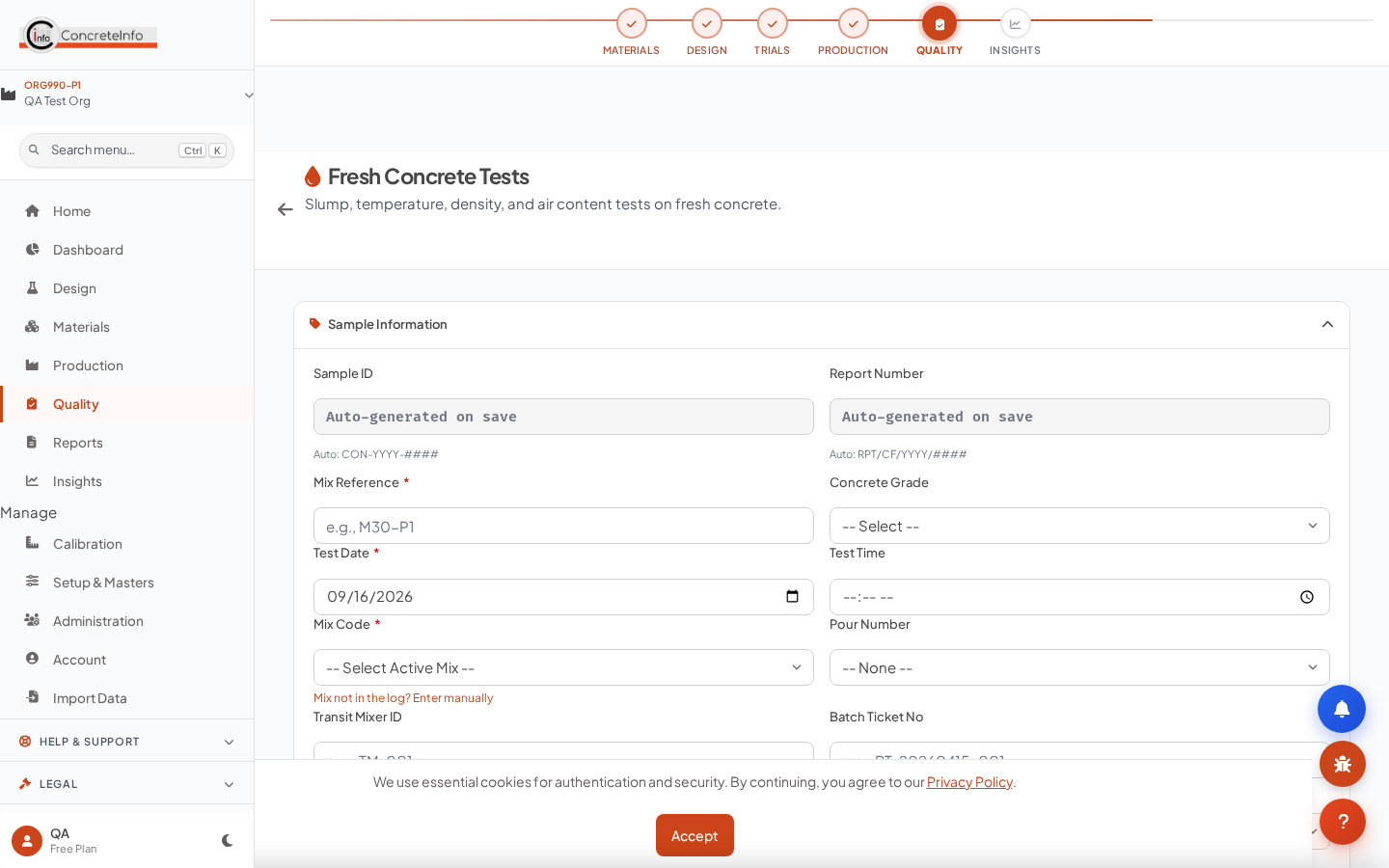Fresh test: project cascade, sample ID, slump/air/density.
