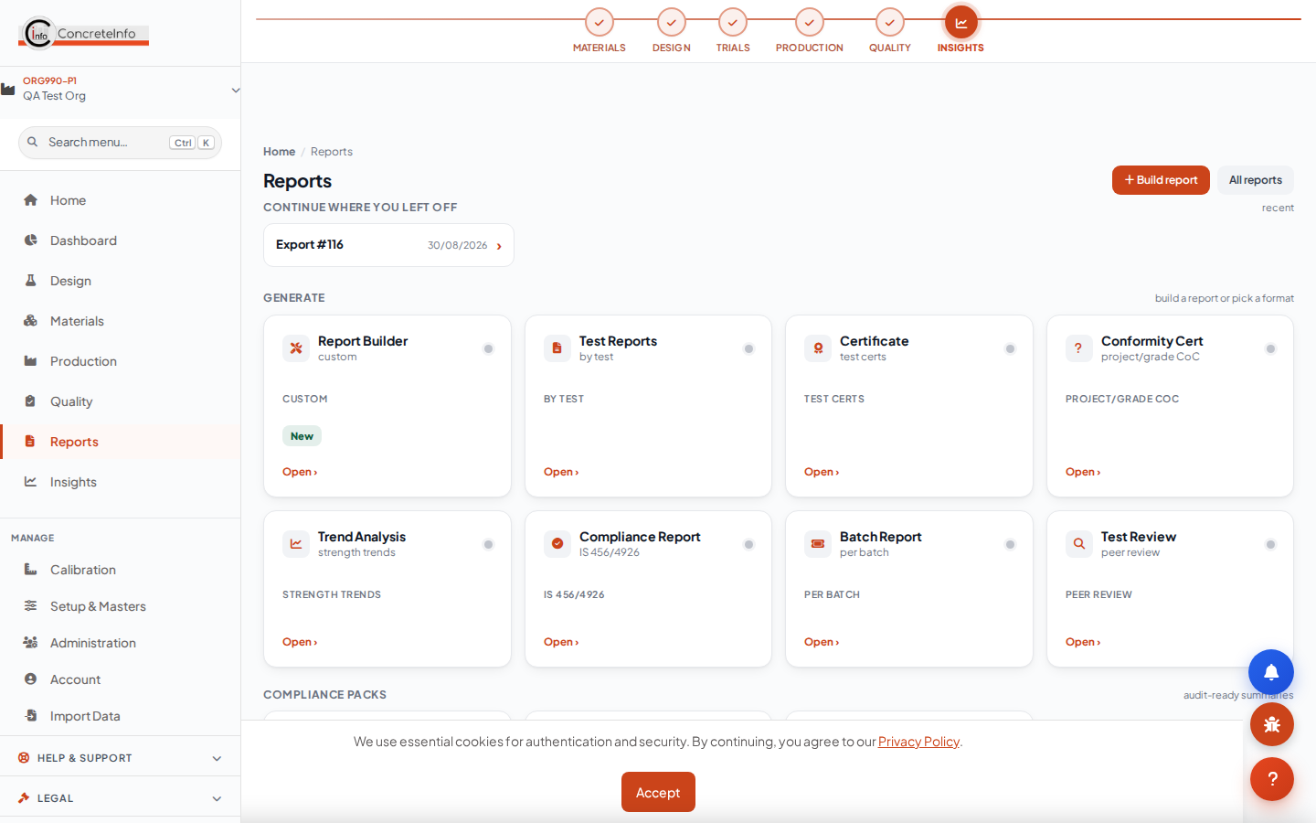 Reports hub: test reports, submittals, registers, analytics.